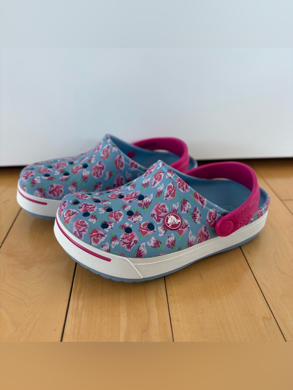 Kids Floral Crocs size 2 blue and pink